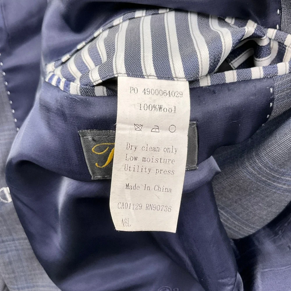 Austin Reed Ticknors Suit Mens 46L 39W 35L Gray Blue Plaid Classic 2 Button Wool